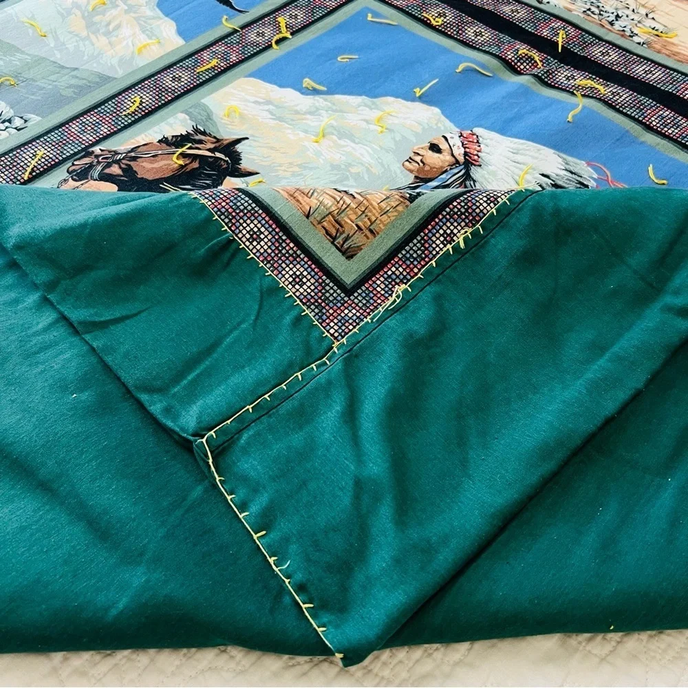 76”x52” Vintage Indian On Horse Eagles and wolfs Quilt.